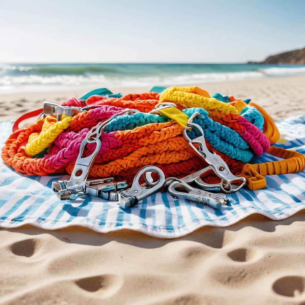 A vibrant beach scene featuring various stylish clamps and fasteners creatively arranged on a beach towel. Include active beachgoers enjoying sports with secure gear, sun-kissed waves in the background, and stylish accessories among colorful beach items. Capture the essence of security and style in a bright, sunny environment. super-realistic. vibrant colors. white background.