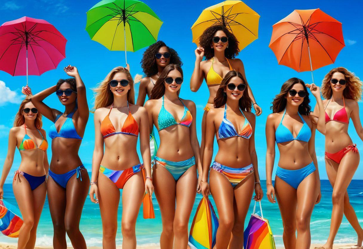 A vibrant beach scene showcasing diverse women in stylish swimwear, featuring halter tops and high-waisted bikinis, enjoying the sun and surf. Include colorful beach umbrellas and summer accessories, like sunglasses and flip-flops, to enhance the trendy vibe. The background should feature a bright blue sky and shimmering ocean waves. super-realistic. vibrant colors. summer aesthetic.
